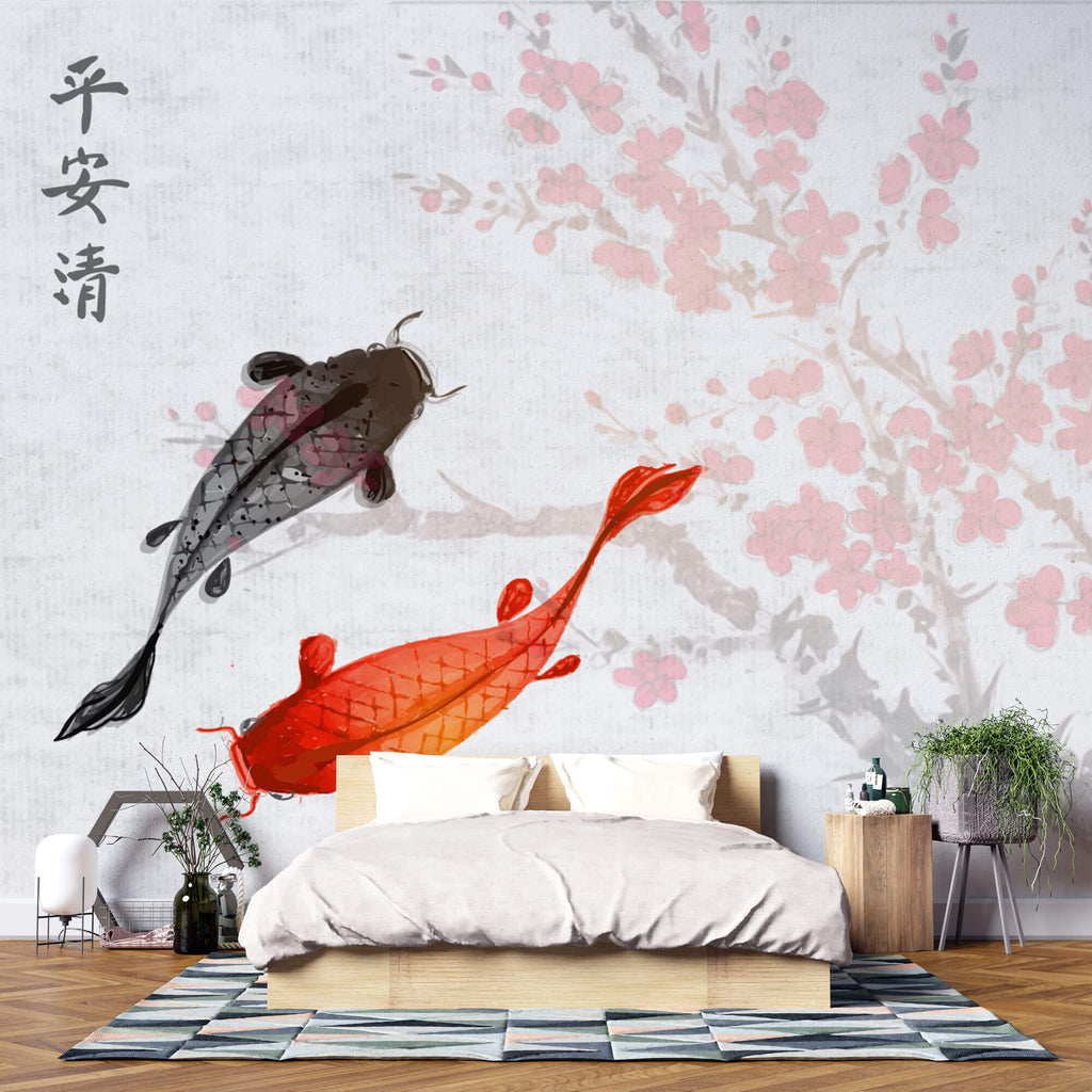 Tapet Zen Oriental cu crapi chinezesti si cires rosu inflorit - SAKURA CARP FISH