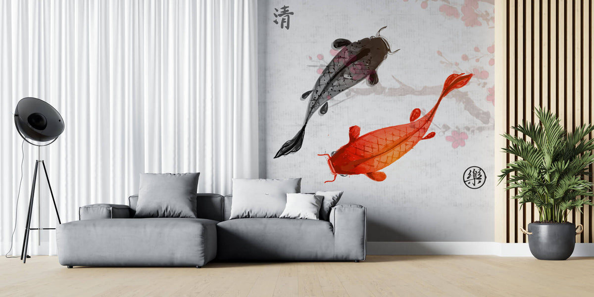 Tapet Zen Oriental cu crapi chinezesti si cires rosu inflorit - SAKURA CARP FISH