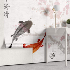 Tapet Zen Oriental cu crapi chinezesti si cires rosu inflorit - SAKURA CARP FISH