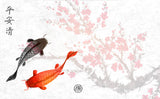 Tapet Zen Oriental cu crapi chinezesti si cires rosu inflorit - SAKURA CARP FISH