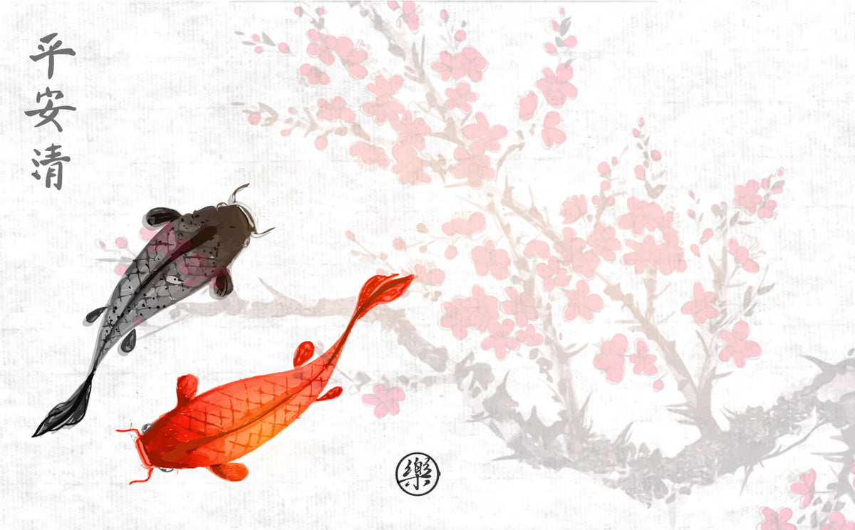 Tapet Zen Oriental cu crapi chinezesti si cires rosu inflorit - SAKURA CARP FISH