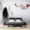 Tapet Zen Oriental cu prun rosu si munti pictati in stil watercolor - ORIENTAL RED PLUM