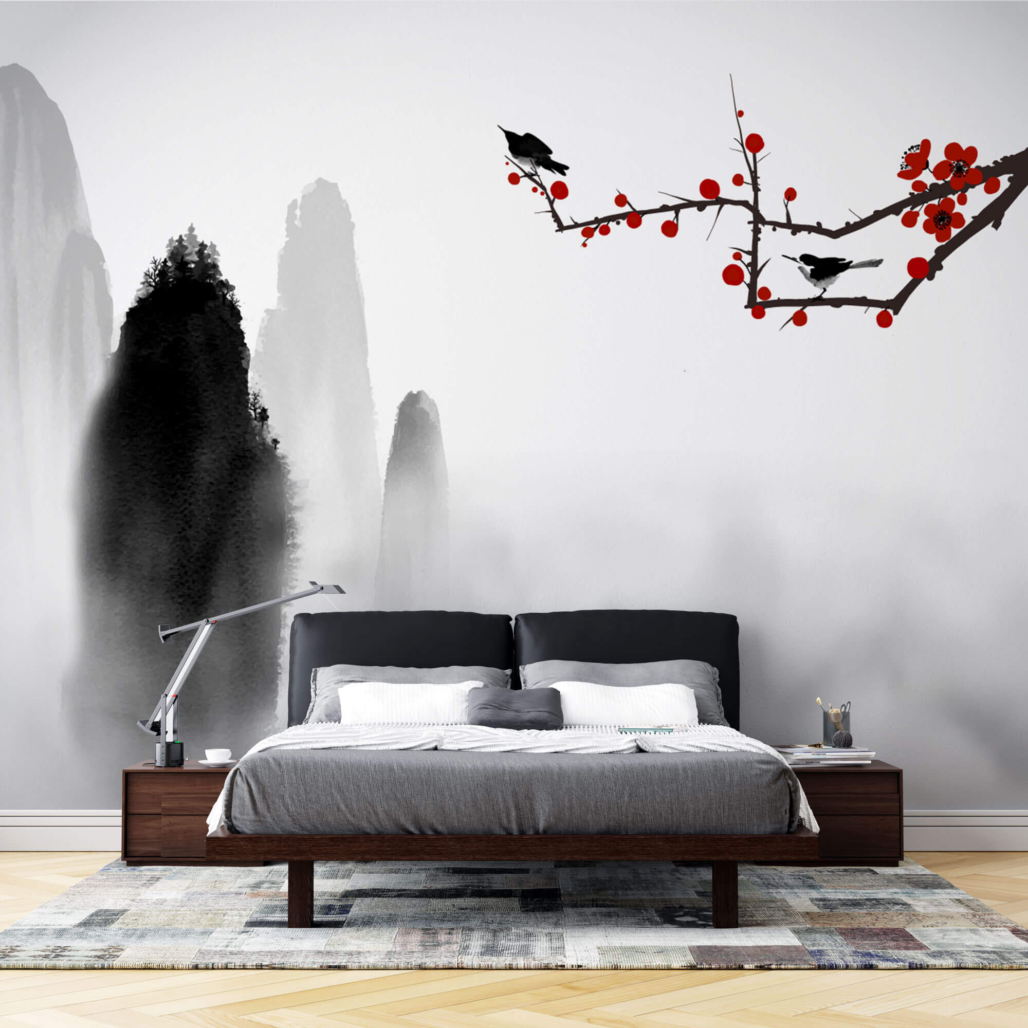 Tapet Zen Oriental cu prun rosu si munti pictati in stil watercolor - ORIENTAL RED PLUM