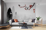 Tapet Zen Oriental cu prun rosu si munti pictati in stil watercolor - ORIENTAL RED PLUM