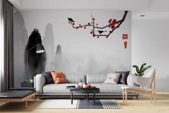 Tapet Zen Oriental cu prun rosu si munti pictati in stil watercolor - ORIENTAL RED PLUM