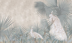 Tapet Zen Oriental cu palmieri si pauni albi pe un fundal texturat crem - WHITE PEACOCKS