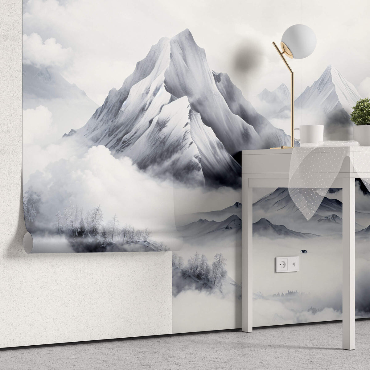 Tapet Zen Oriental cu munti inalti inzapeziti si ceata - WINTER PEAKS