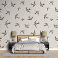 Tapet Zen Oriental cu randunele maro pe un fundal crem - SEPIA SWALLOWS