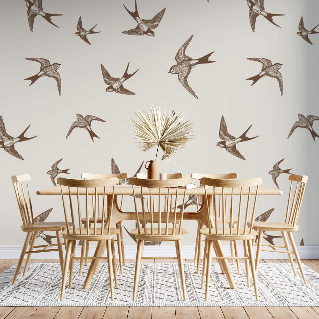 Tapet Zen Oriental cu randunele maro pe un fundal crem - SEPIA SWALLOWS
