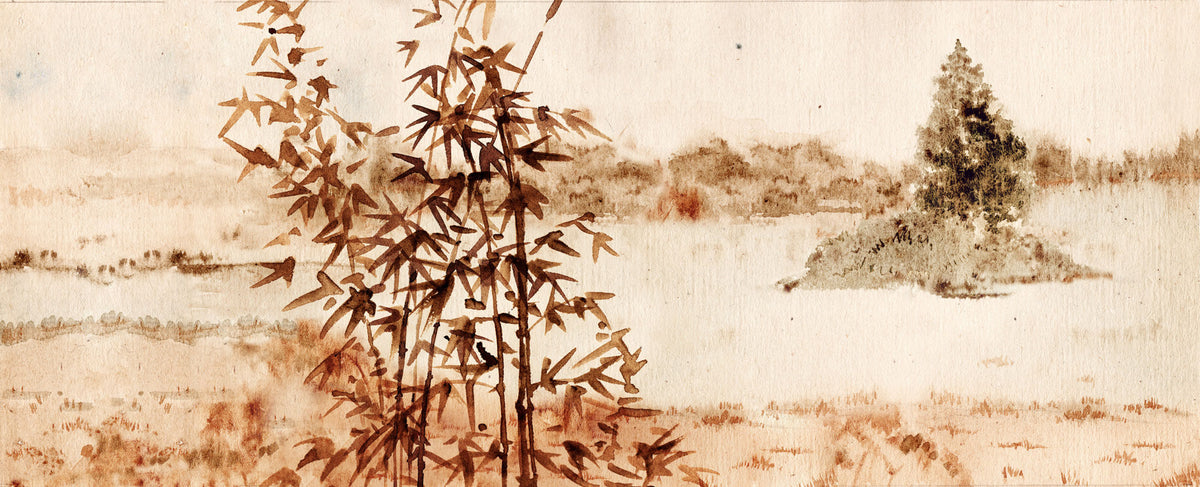 Tapet Zen Oriental cu pictura in stil papyrus - PAPYRUS LANDSCAPE