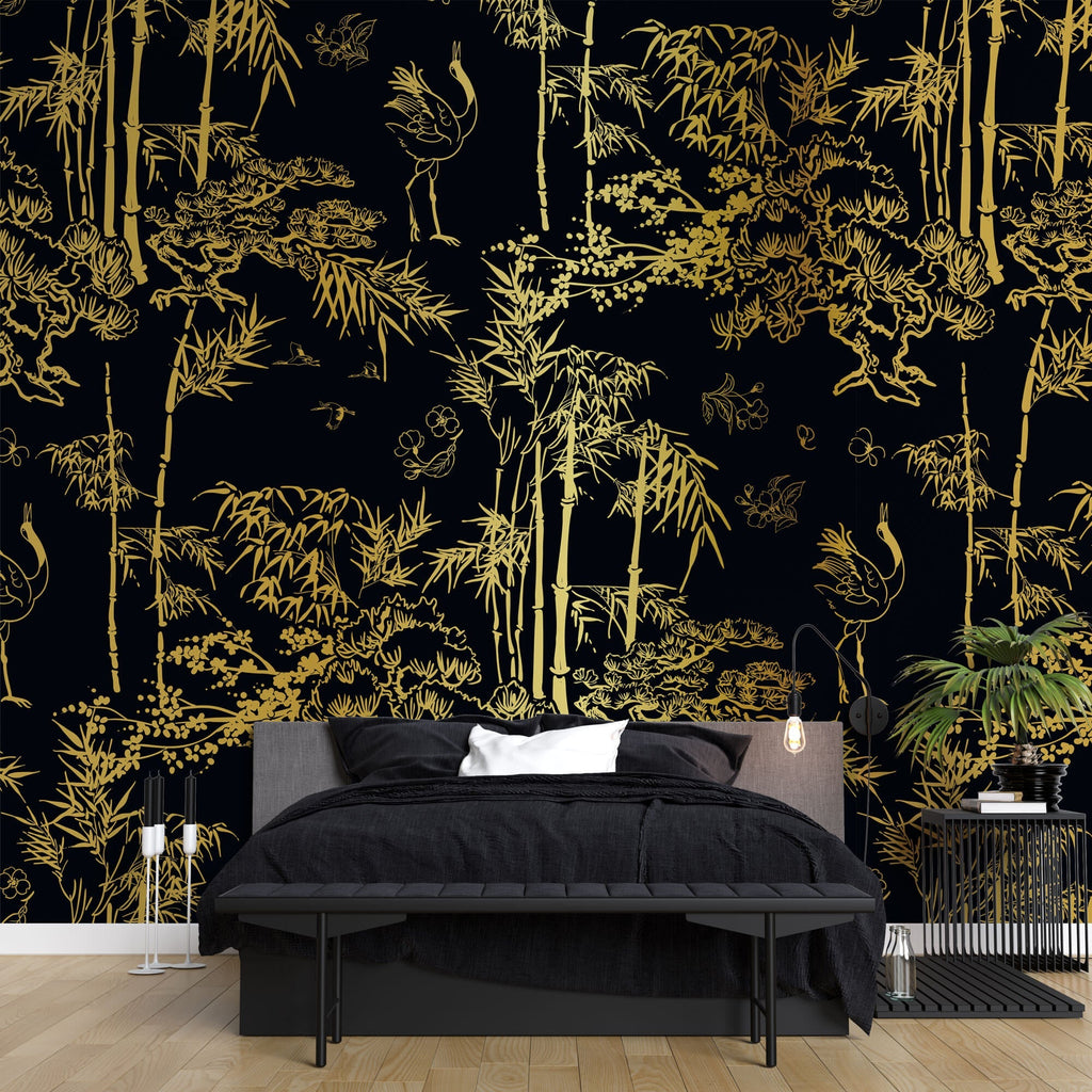 Tapet Zen Oriental cu bambusi aurii pe un fundal negru - GOLDEN BAMBOO FOREST