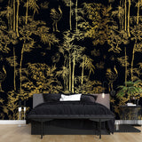Tapet Zen Oriental cu bambusi aurii pe un fundal negru - GOLDEN BAMBOO FOREST