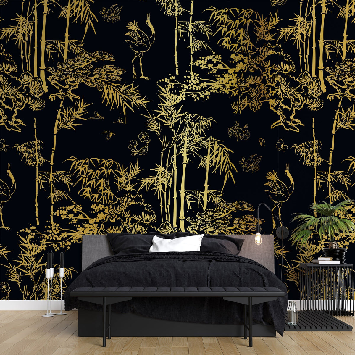 Tapet Zen Oriental cu bambusi aurii pe un fundal negru - GOLDEN BAMBOO FOREST