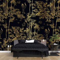 Tapet Zen Oriental cu bambusi aurii pe un fundal negru - GOLDEN BAMBOO FOREST