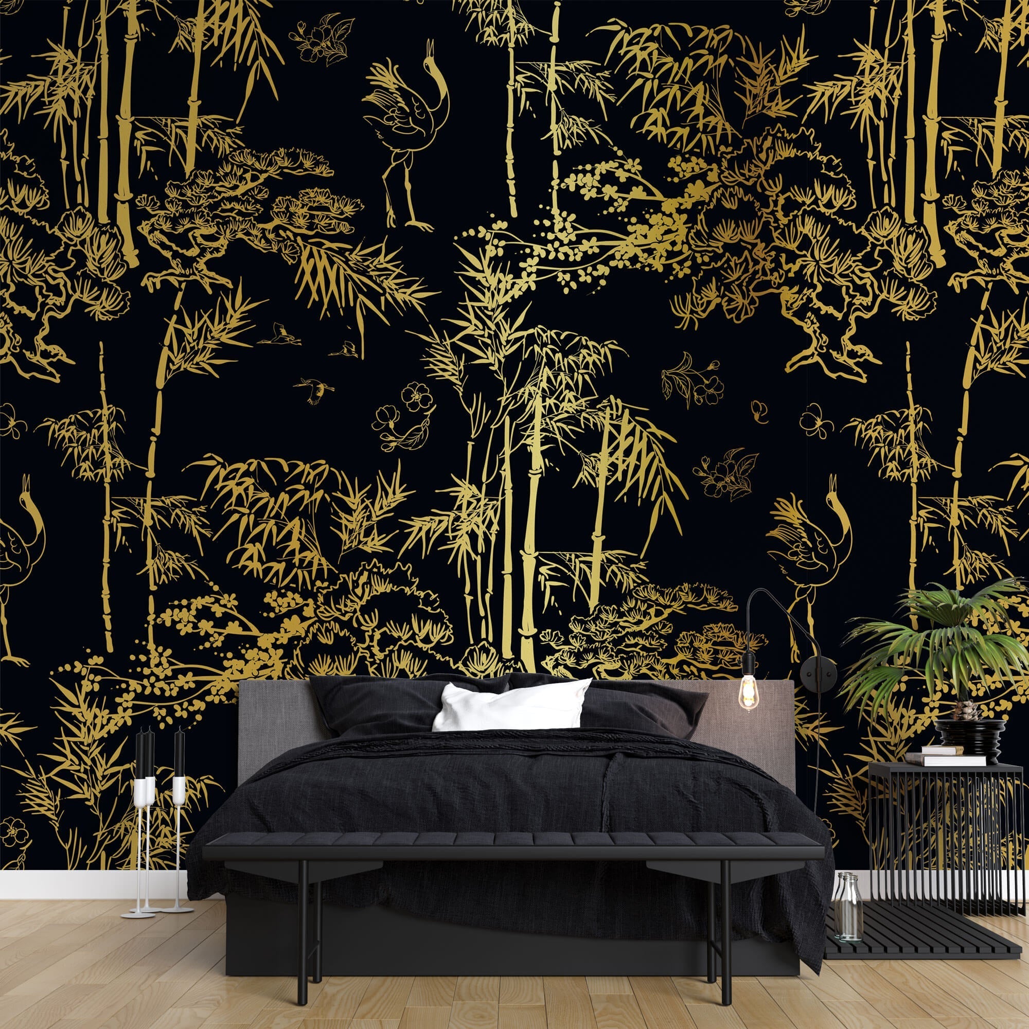 Tapet Zen Oriental cu bambusi aurii pe un fundal negru - GOLDEN BAMBOO FOREST