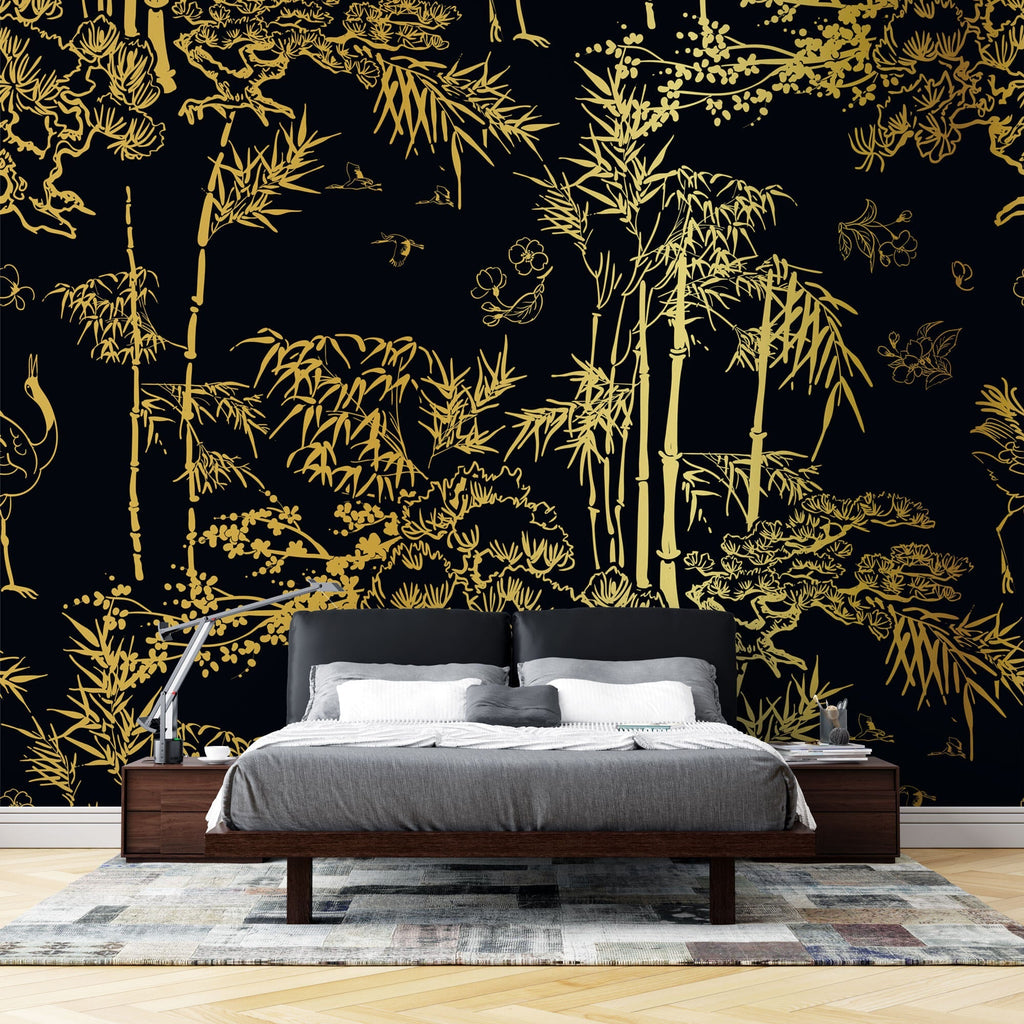 Tapet Zen Oriental cu bambusi aurii pe un fundal negru - GOLDEN BAMBOO FOREST