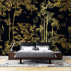 Tapet Zen Oriental cu bambusi aurii pe un fundal negru - GOLDEN BAMBOO FOREST