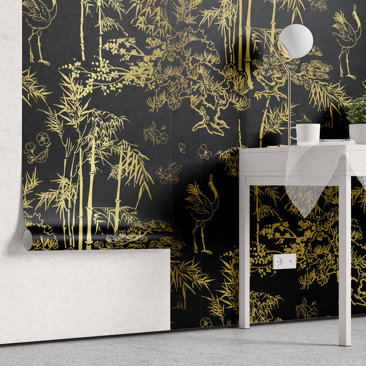 Tapet Zen Oriental cu bambusi aurii pe un fundal negru - GOLDEN BAMBOO FOREST