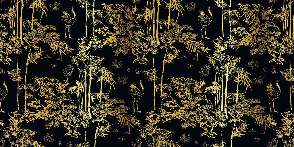 Tapet Zen Oriental cu bambusi aurii pe un fundal negru - GOLDEN BAMBOO FOREST