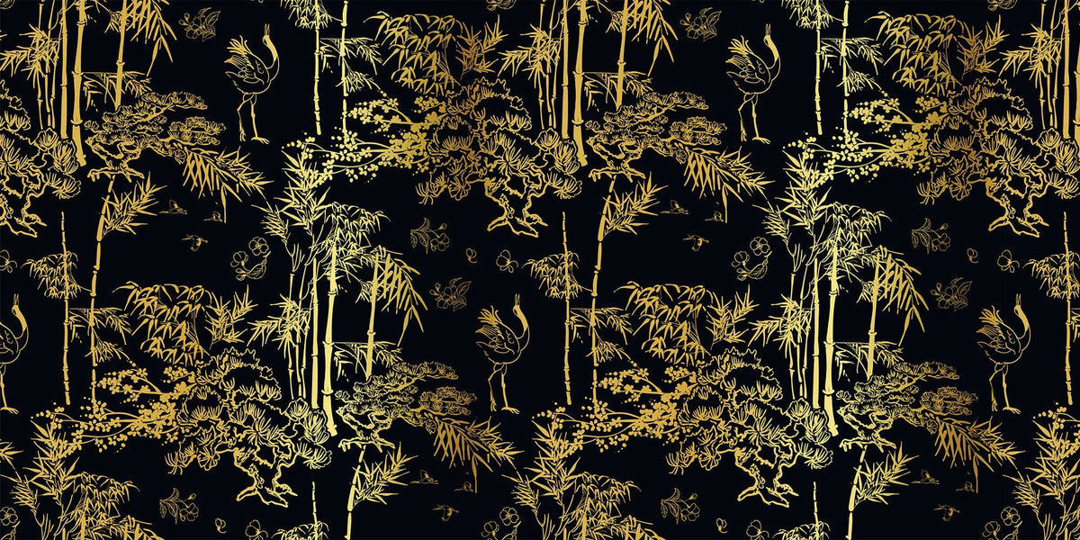 Tapet Zen Oriental cu bambusi aurii pe un fundal negru - GOLDEN BAMBOO FOREST