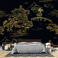 Tapet Zen Oriental cu temple chinezesti aurii pe un fundal negru - GOLDEN TEMPLE