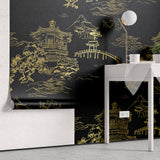 Tapet Zen Oriental cu temple chinezesti aurii pe un fundal negru - GOLDEN TEMPLE