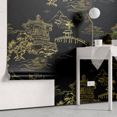 Tapet Zen Oriental cu temple chinezesti aurii pe un fundal negru - GOLDEN TEMPLE