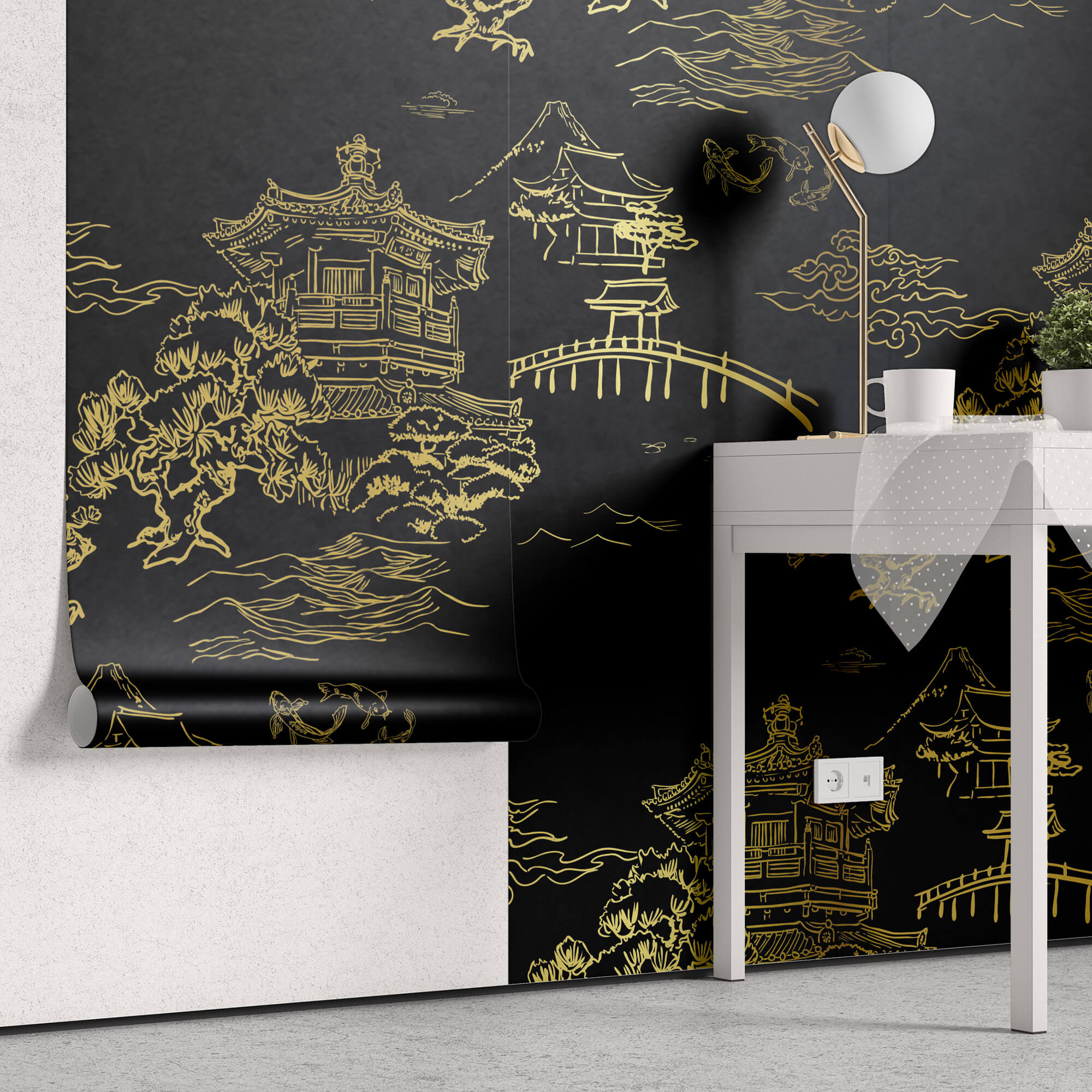 Tapet Zen Oriental cu temple chinezesti aurii pe un fundal negru - GOLDEN TEMPLE
