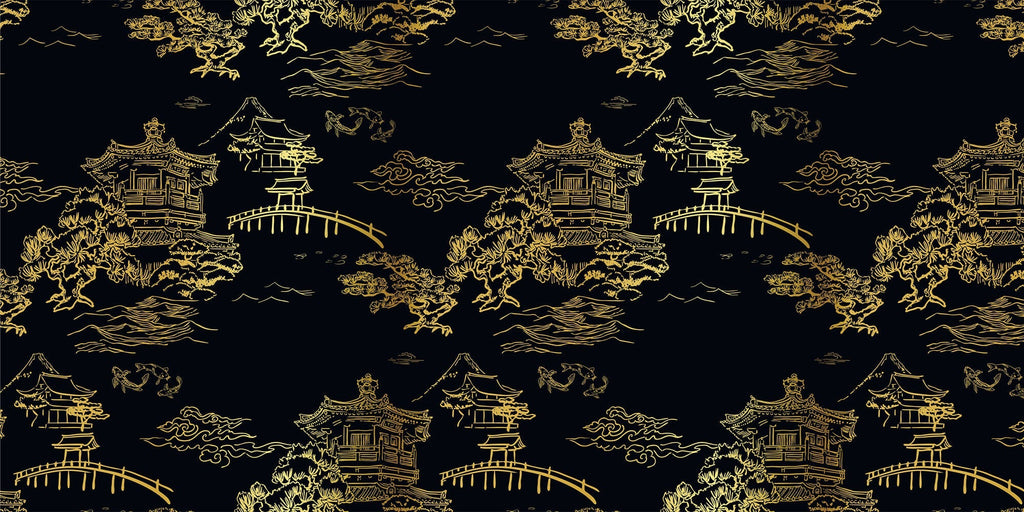 Tapet Zen Oriental cu temple chinezesti aurii pe un fundal negru - GOLDEN TEMPLE