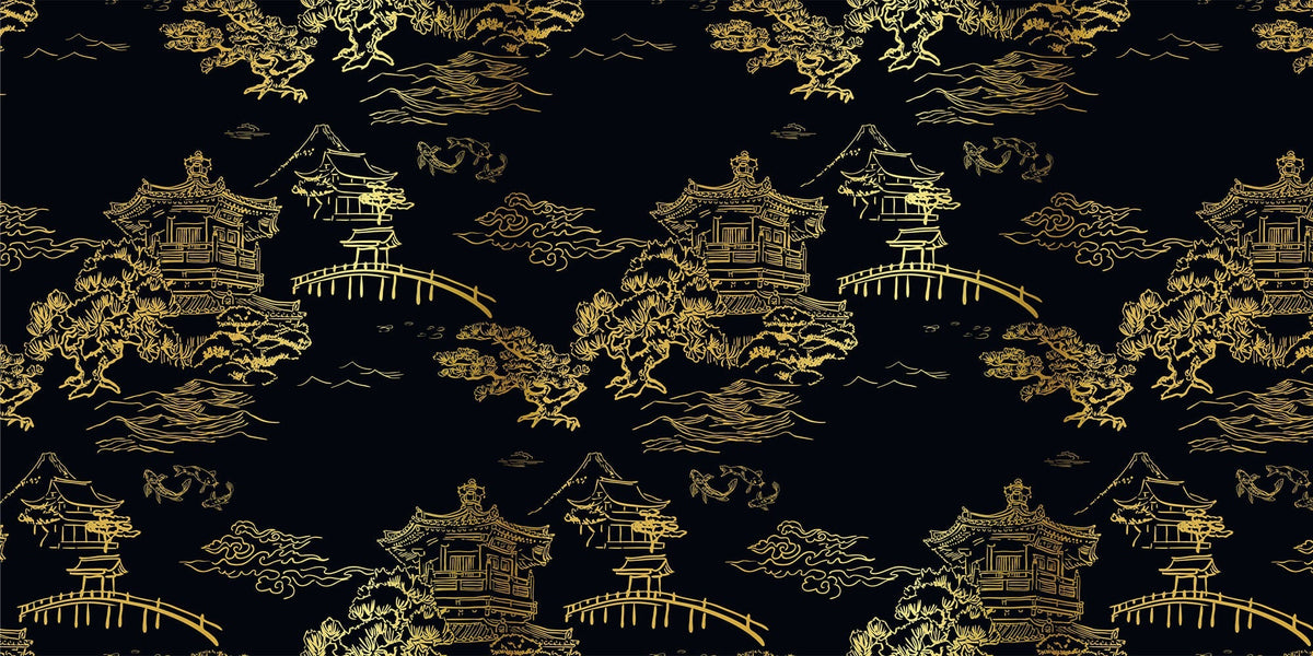 Tapet Zen Oriental cu temple chinezesti aurii pe un fundal negru - GOLDEN TEMPLE