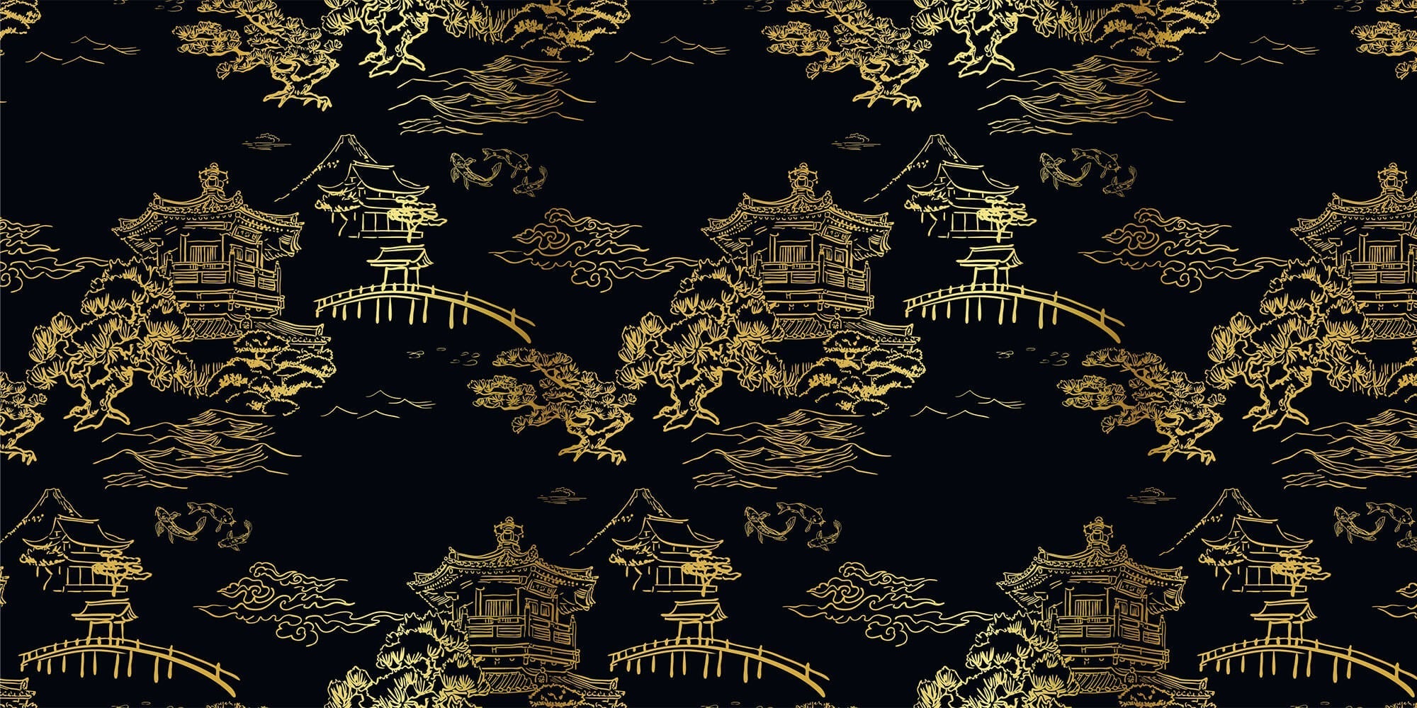 Tapet Zen Oriental cu temple chinezesti aurii pe un fundal negru - GOLDEN TEMPLE