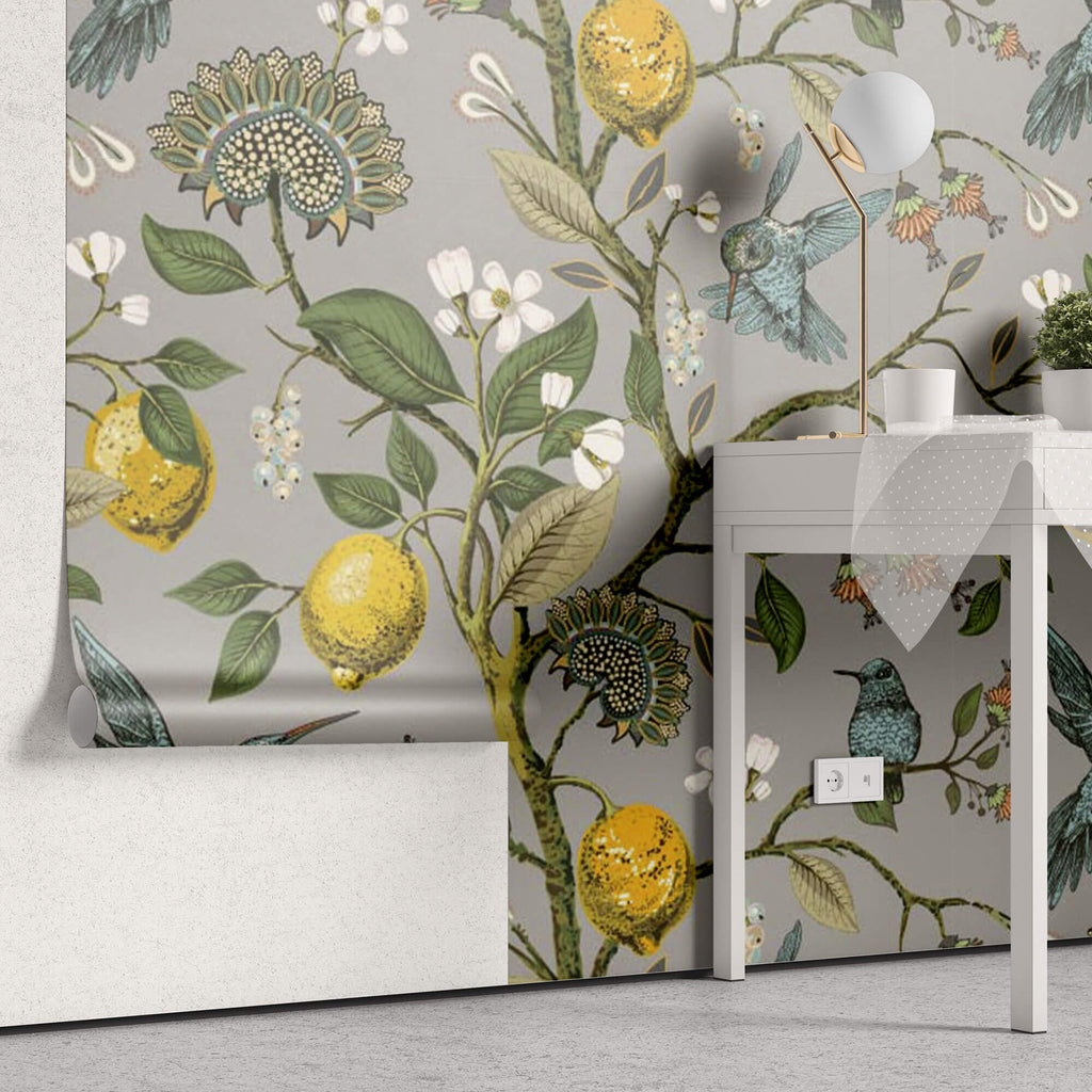 Tapet Zen Oriental cu lamai inflorit si pasari colorate - HUMMINGBIRD LEMON TREE