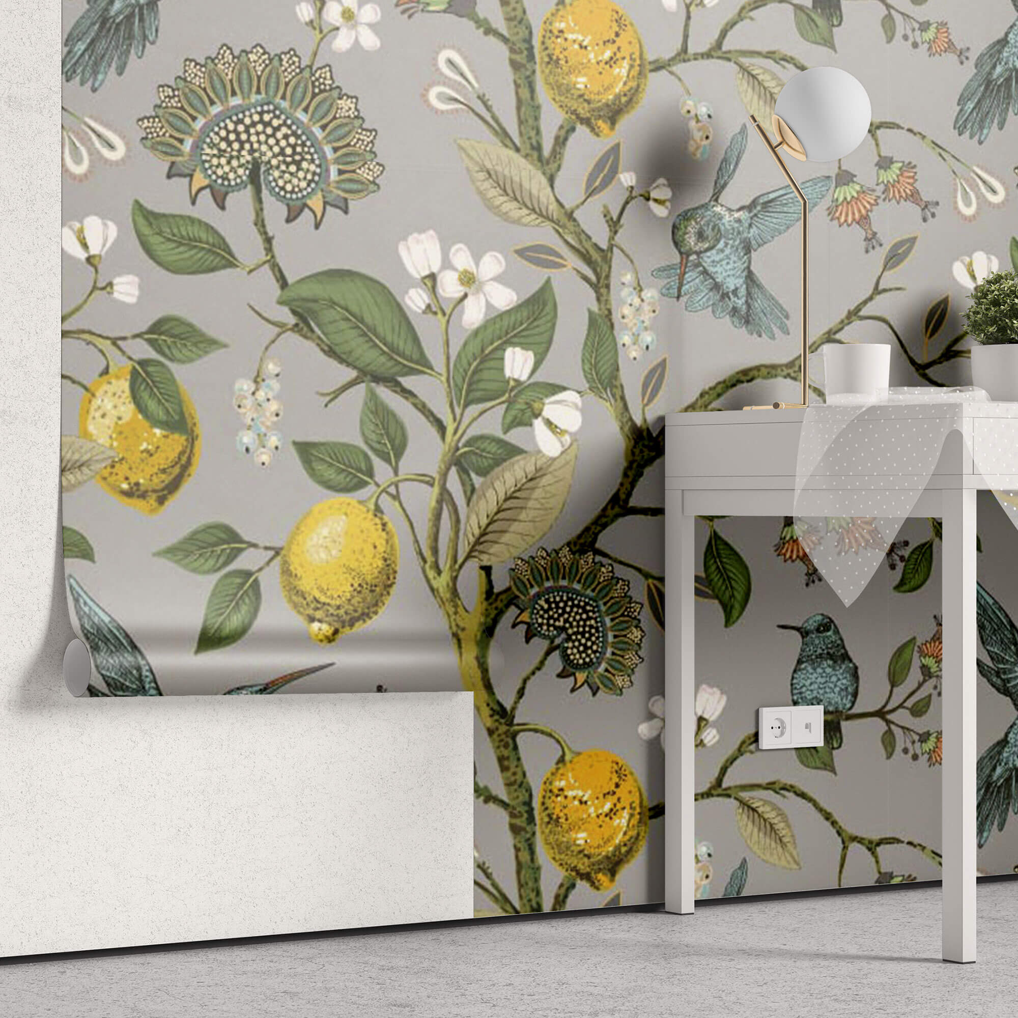 Tapet Zen Oriental cu lamai inflorit si pasari colorate - HUMMINGBIRD LEMON TREE