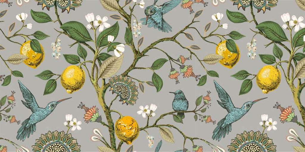 Tapet Zen Oriental cu lamai inflorit si pasari colorate - HUMMINGBIRD LEMON TREE