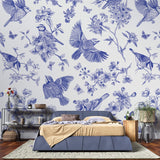 Tapet Zen Oriental cu pasari si crengute inflorite in nuante de albastru - BLUE BIRDS CHINOISERIE