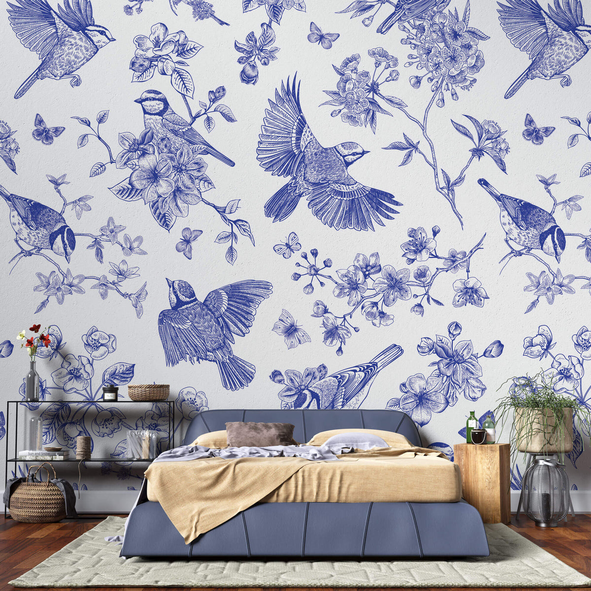 Tapet Zen Oriental cu pasari si crengute inflorite in nuante de albastru - BLUE BIRDS CHINOISERIE