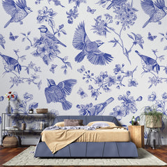 Tapet Zen Oriental cu pasari si crengute inflorite in nuante de albastru - BLUE BIRDS CHINOISERIE