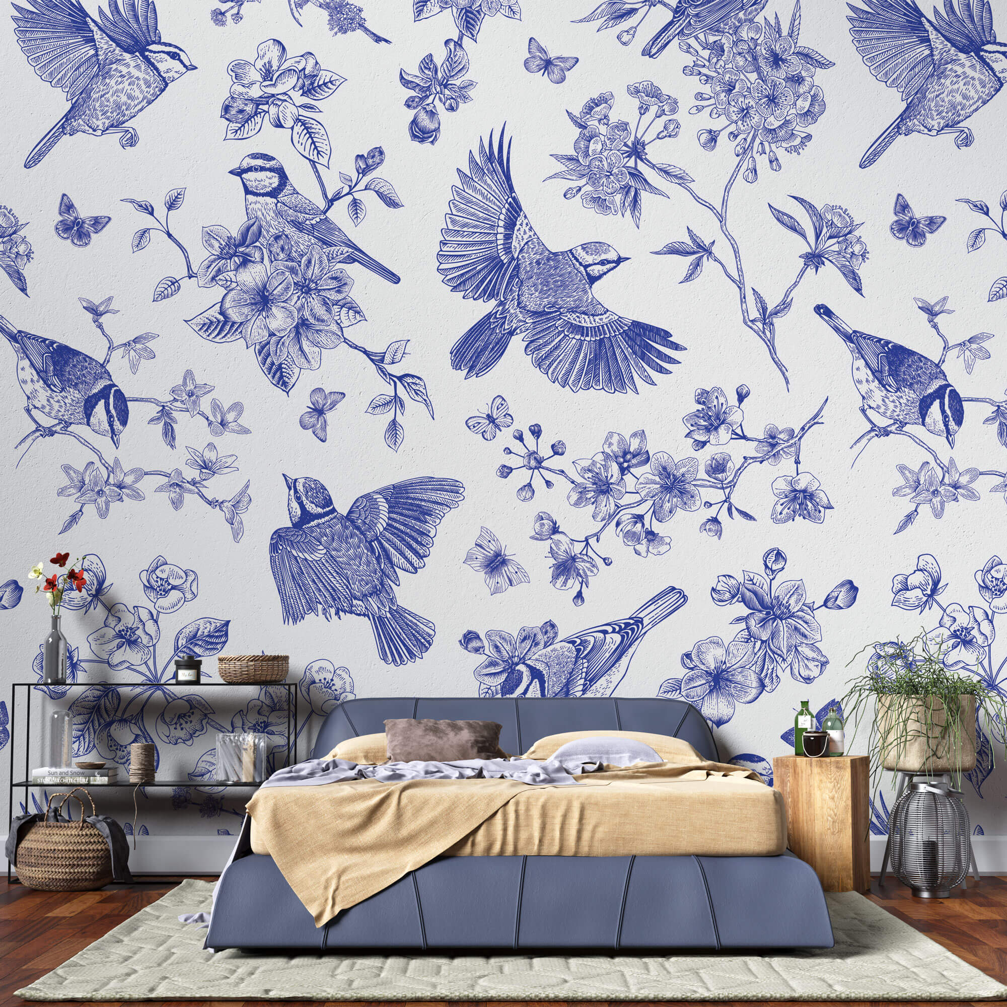 Tapet Zen Oriental cu pasari si crengute inflorite in nuante de albastru - BLUE BIRDS CHINOISERIE
