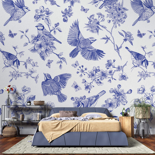 Tapet Zen Oriental cu pasari si crengute inflorite in nuante de albastru - BLUE BIRDS CHINOISERIE