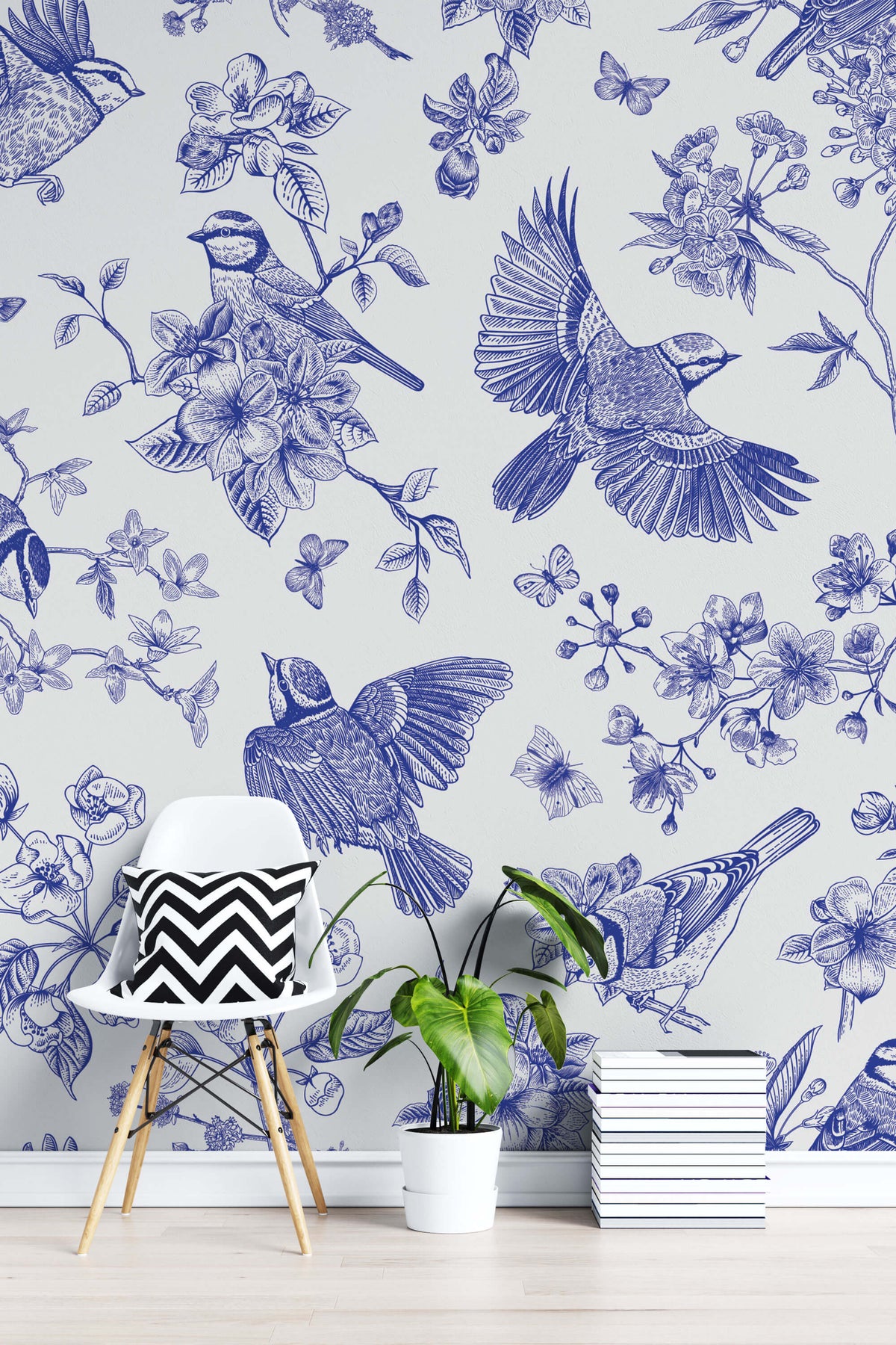 Tapet Zen Oriental cu pasari si crengute inflorite in nuante de albastru - BLUE BIRDS CHINOISERIE