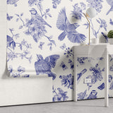 Tapet Zen Oriental cu pasari si crengute inflorite in nuante de albastru - BLUE BIRDS CHINOISERIE