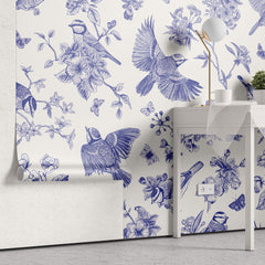 Tapet Zen Oriental cu pasari si crengute inflorite in nuante de albastru - BLUE BIRDS CHINOISERIE
