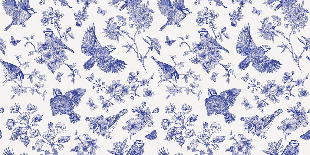 Tapet Zen Oriental cu pasari si crengute inflorite in nuante de albastru - BLUE BIRDS CHINOISERIE
