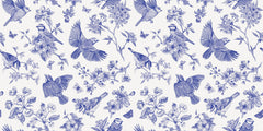 Tapet Zen Oriental cu pasari si crengute inflorite in nuante de albastru - BLUE BIRDS CHINOISERIE