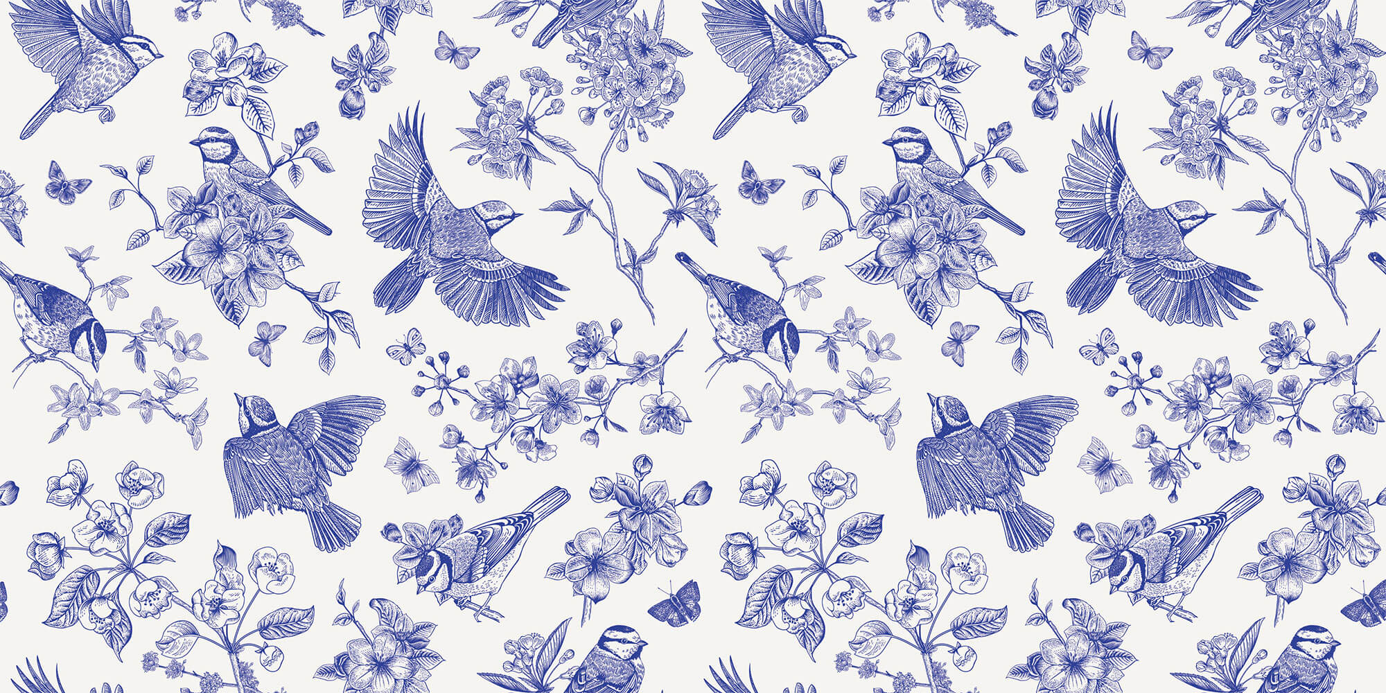 Tapet Zen Oriental cu pasari si crengute inflorite in nuante de albastru - BLUE BIRDS CHINOISERIE