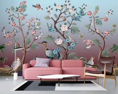 Tapet Zen Oriental cu copaci infloriti si pasari orientale - CANDY BIRDS CHINOISERIE