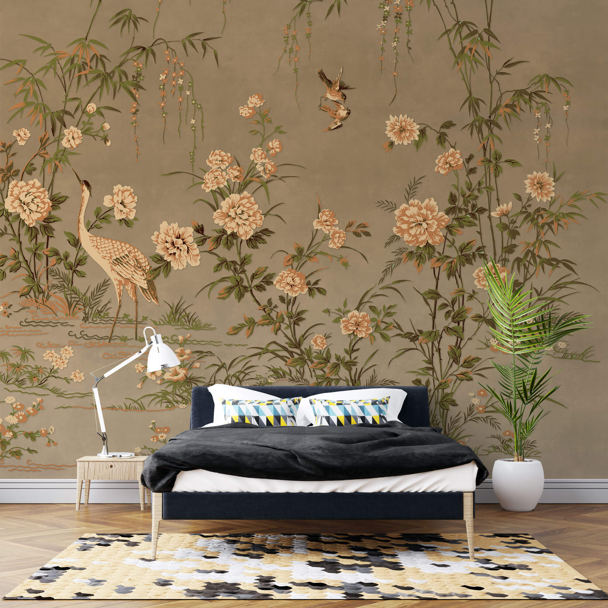 Tapet Zen Oriental cu flori orientale si pasari in nuante pamantii - VINTAGE WARM CHINOISERIE