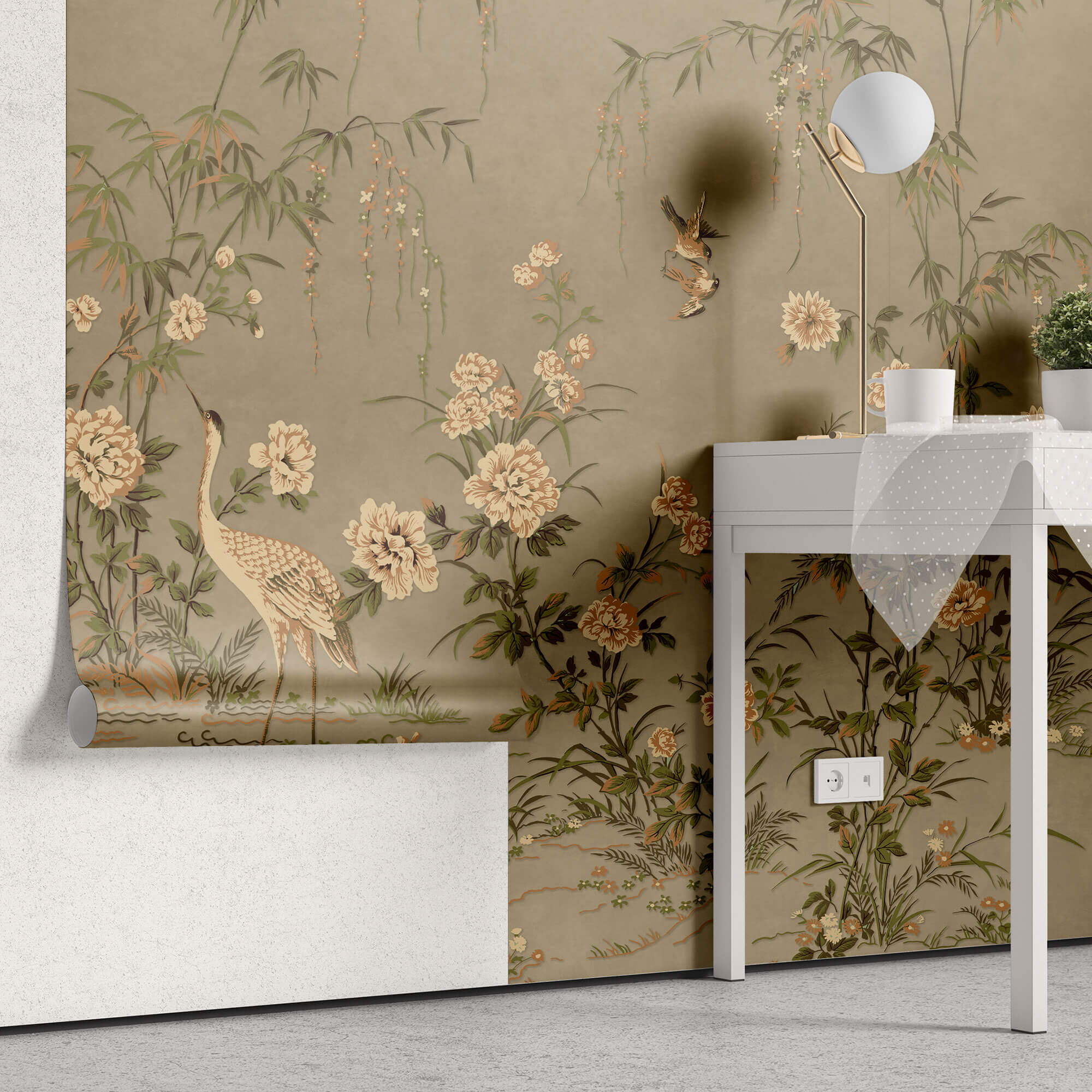 Tapet Zen Oriental cu flori orientale si pasari in nuante pamantii - VINTAGE WARM CHINOISERIE