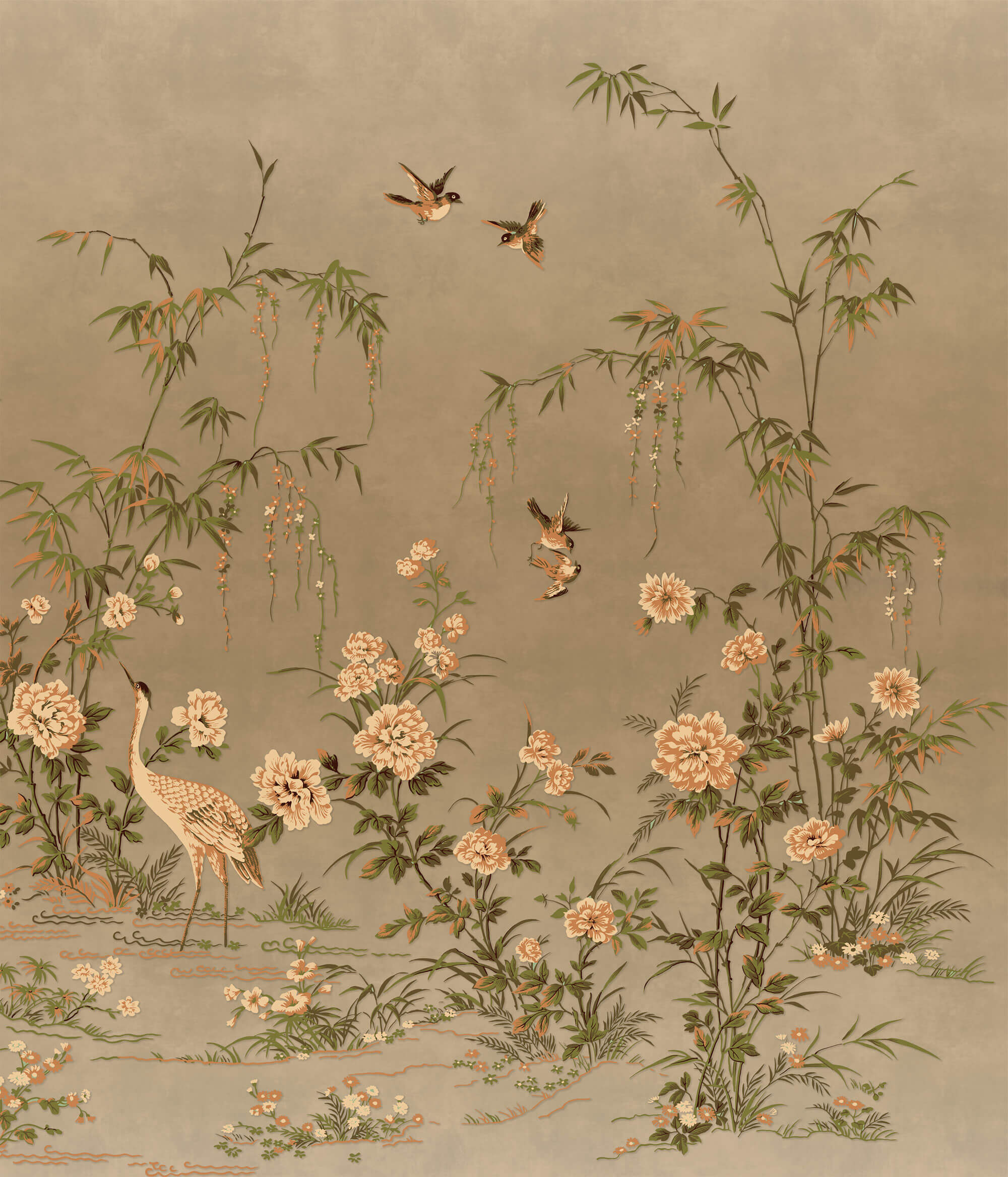 Tapet Zen Oriental cu flori orientale si pasari in nuante pamantii - VINTAGE WARM CHINOISERIE