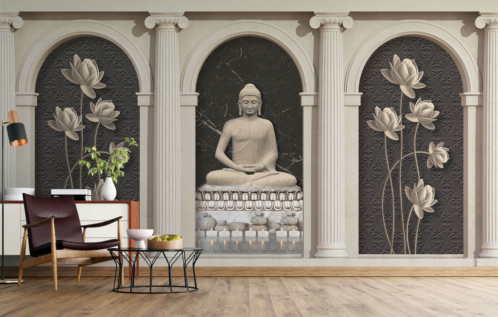 Tapet Zen Oriental cu coloane si statueta lui Buddha - STONE ARCHES BUDDHA